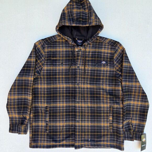 DICKIES Flannel COAT MENS LARGE SNAPS HOODED THICK GOOD QUALITY GREY BLK PLAID - Picture 1 of 10
